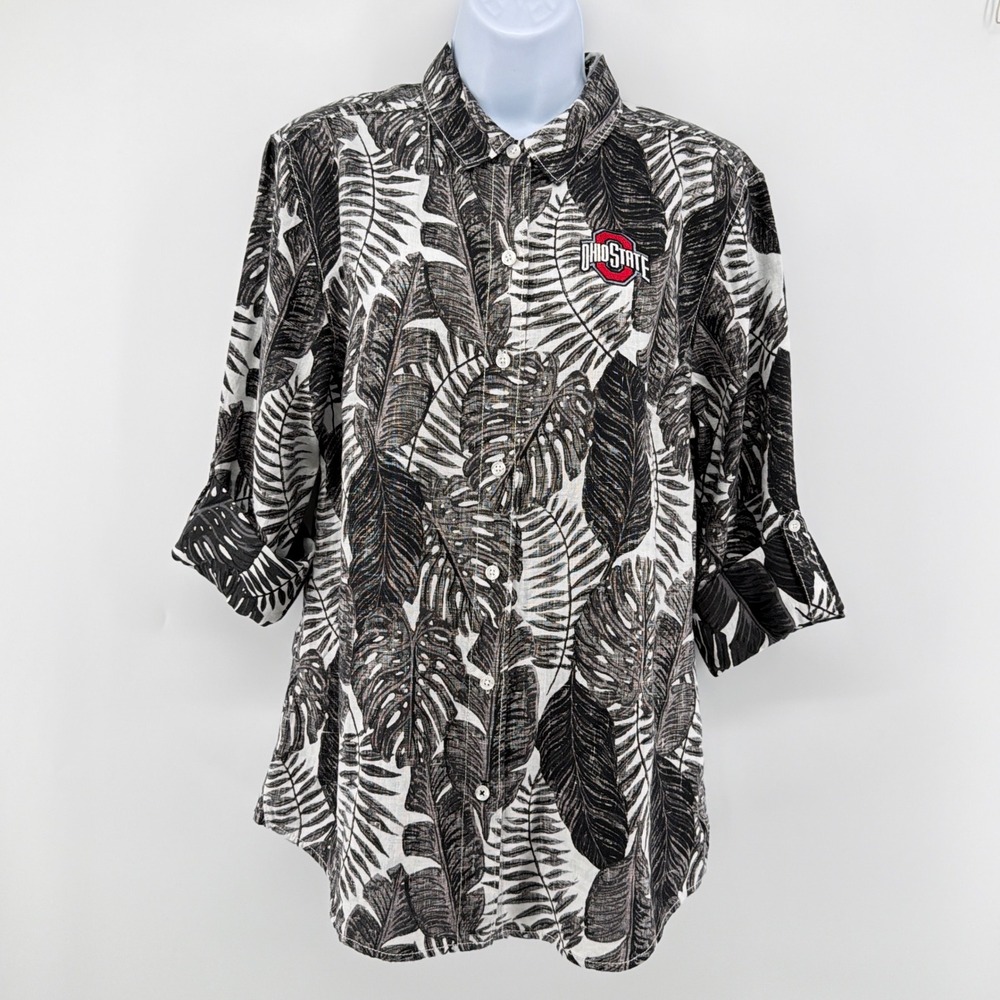 Tommy Bahama Ohio State Buckeyes Linen Shirt Medium Black White Palm Roll Tab M